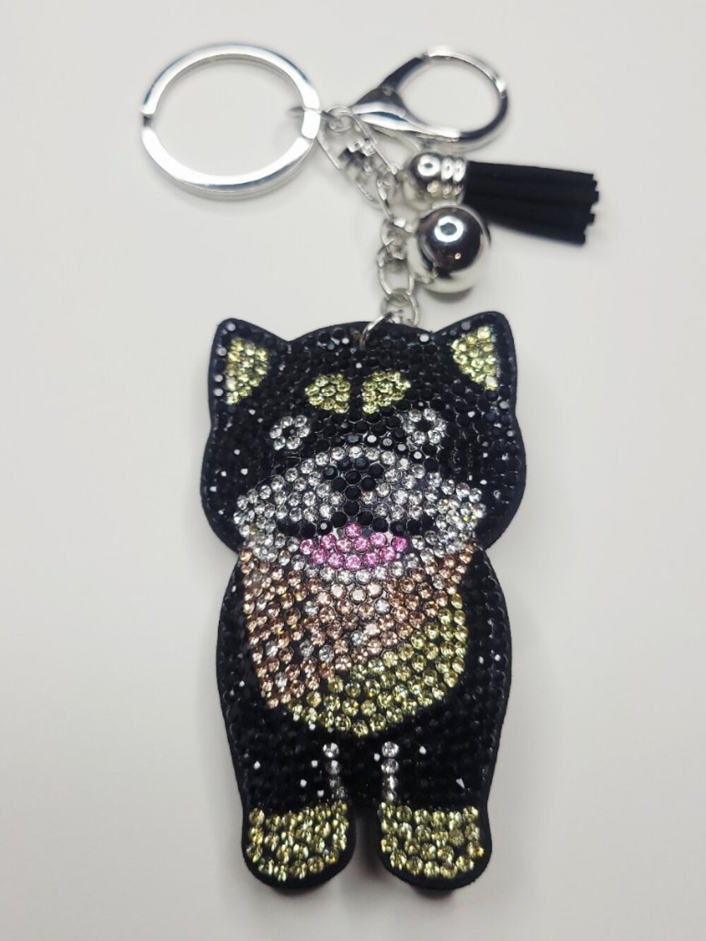 NWT Large Sparkly Puffy Black And Tan Husky Dog Keychain, Bag Charm With Tassel